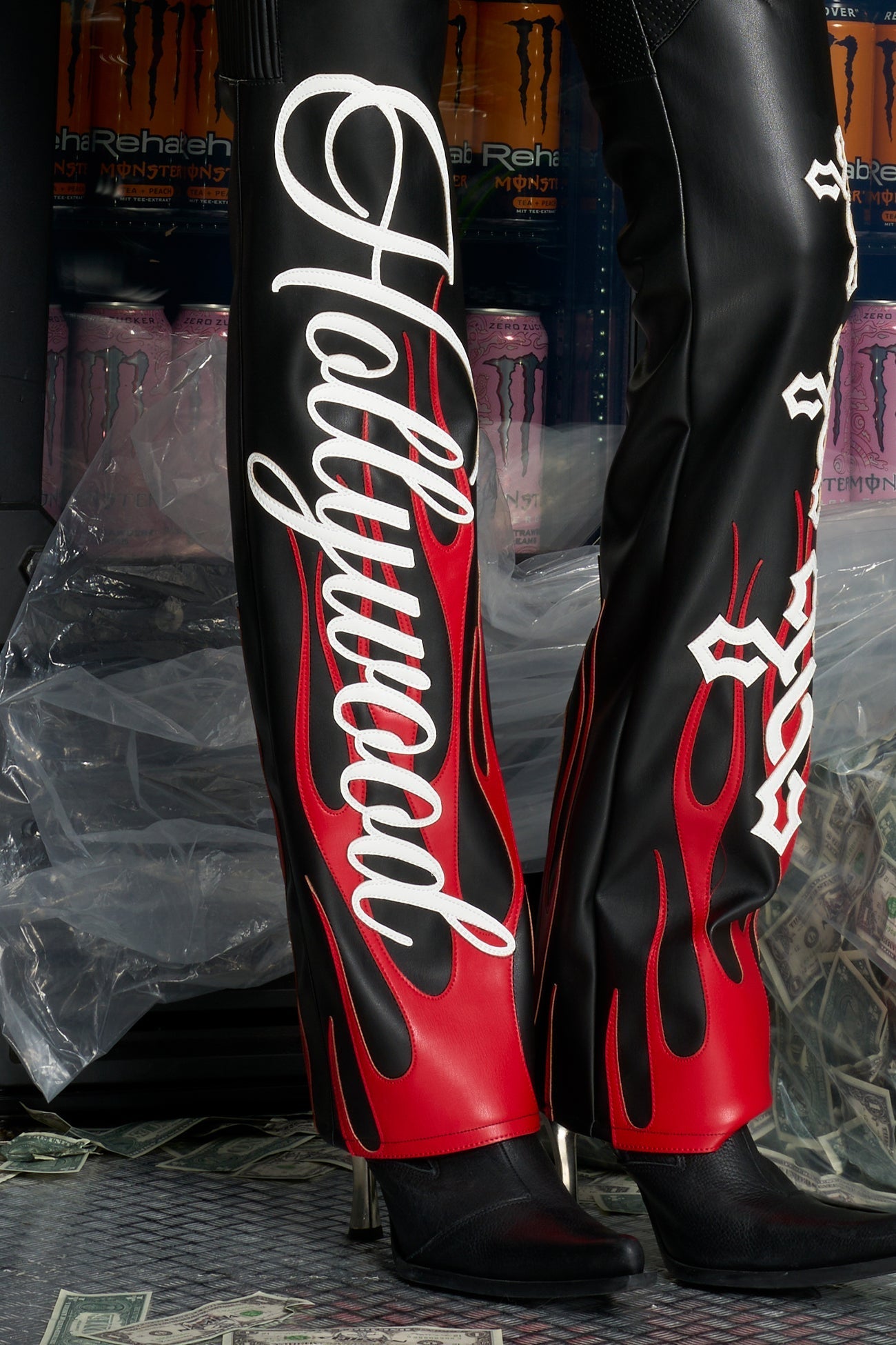 NAMILIA Hollywood Asymmetric Moto Trousers - BLACK-RED, xs