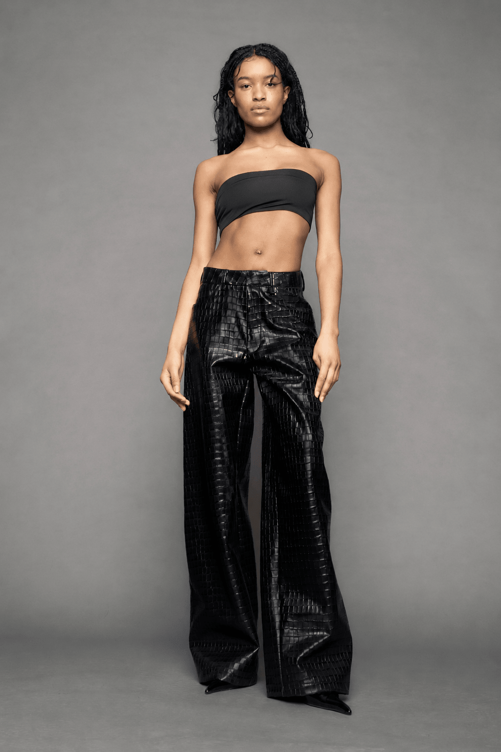 NAMILIA Leather Baggy Croc Suit Trousers - BLACK, xs