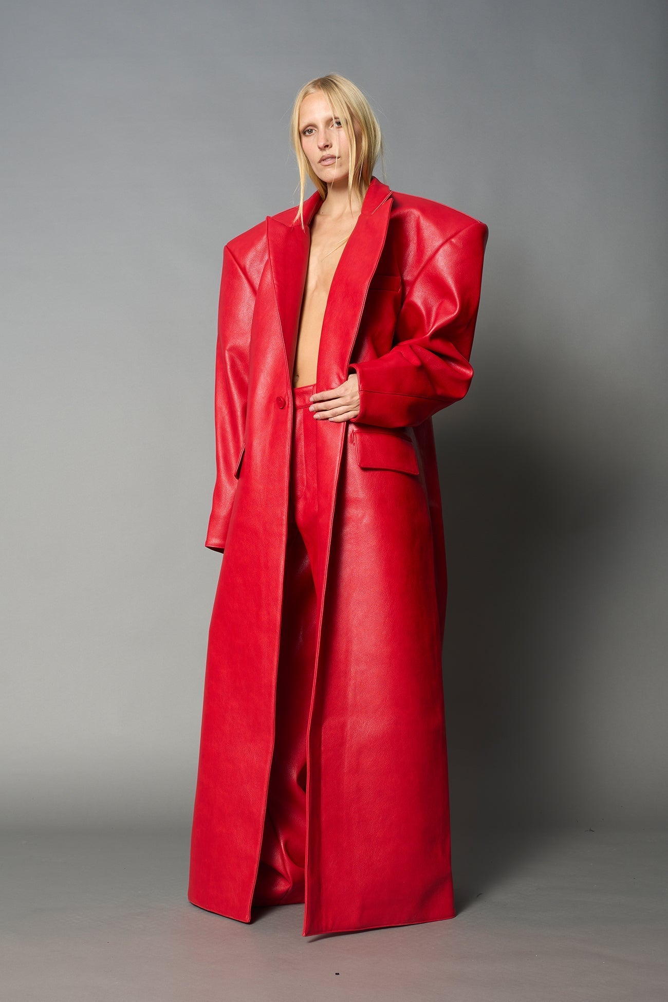 NAMILIA Leather Elongated Blazer Coat - RED, s