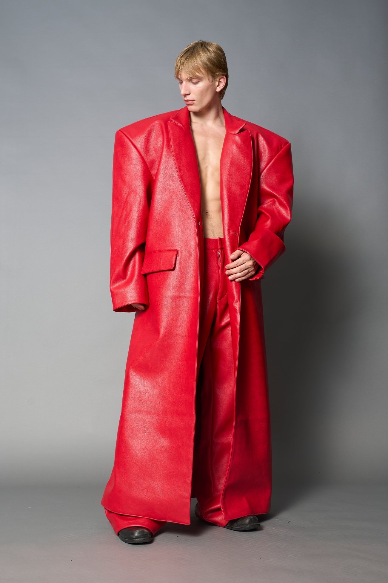 NAMILIA Leather Elongated Blazer Coat - RED, s