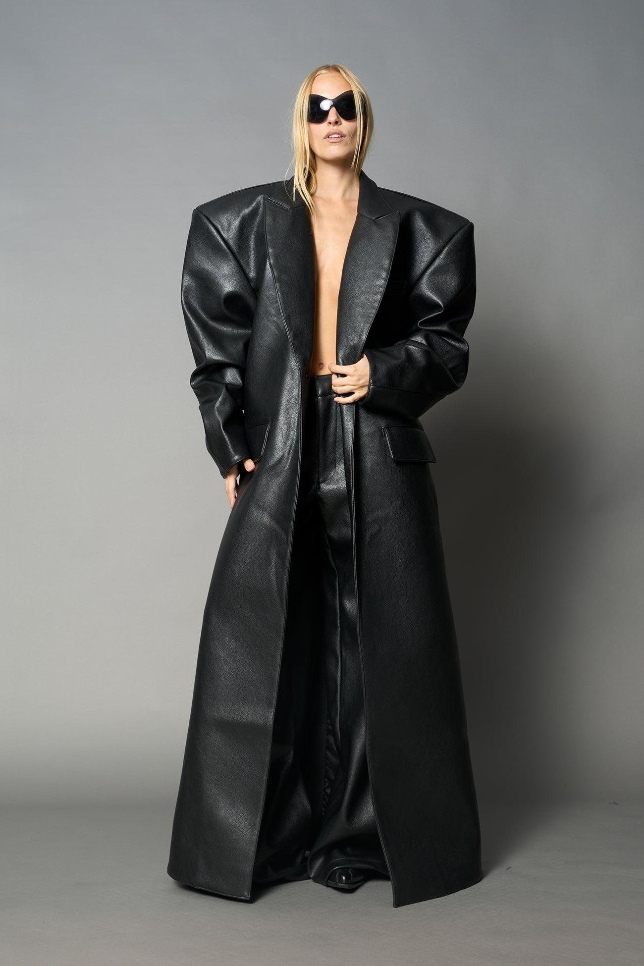 NAMILIA Leather Elongated Blazer Coat - BLACK, s