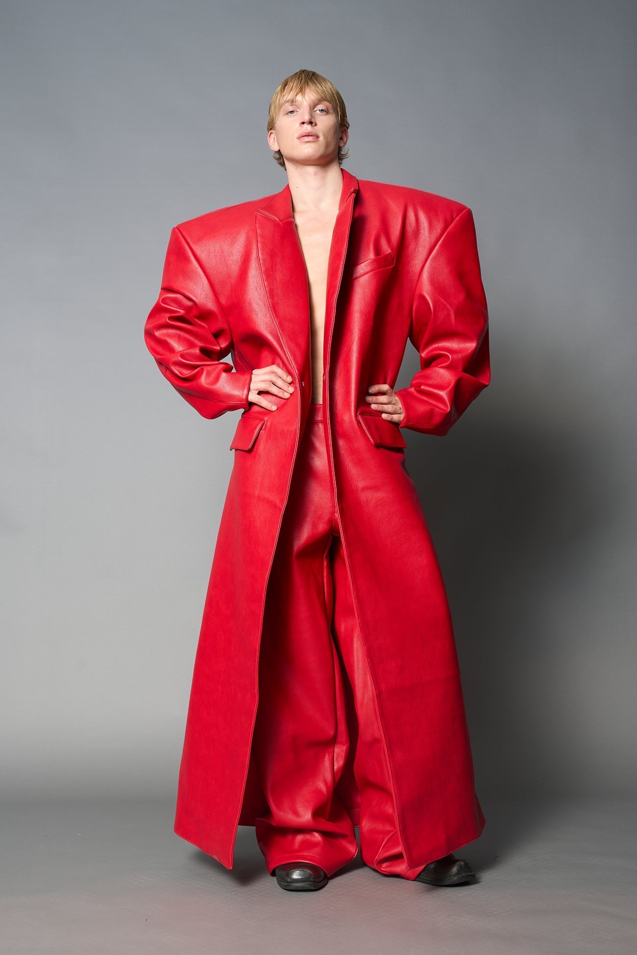 NAMILIA Leather Elongated Blazer Coat - RED, s
