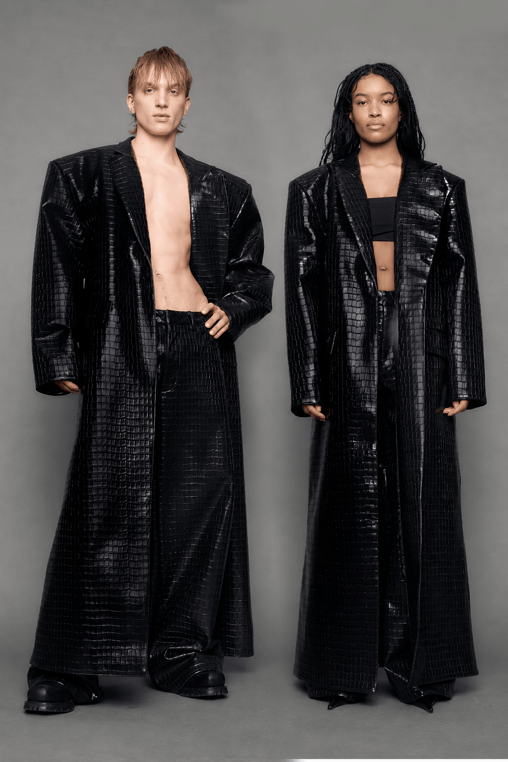 NAMILIA Leather Elongated Croc Blazer Coat - BLACK, xs
