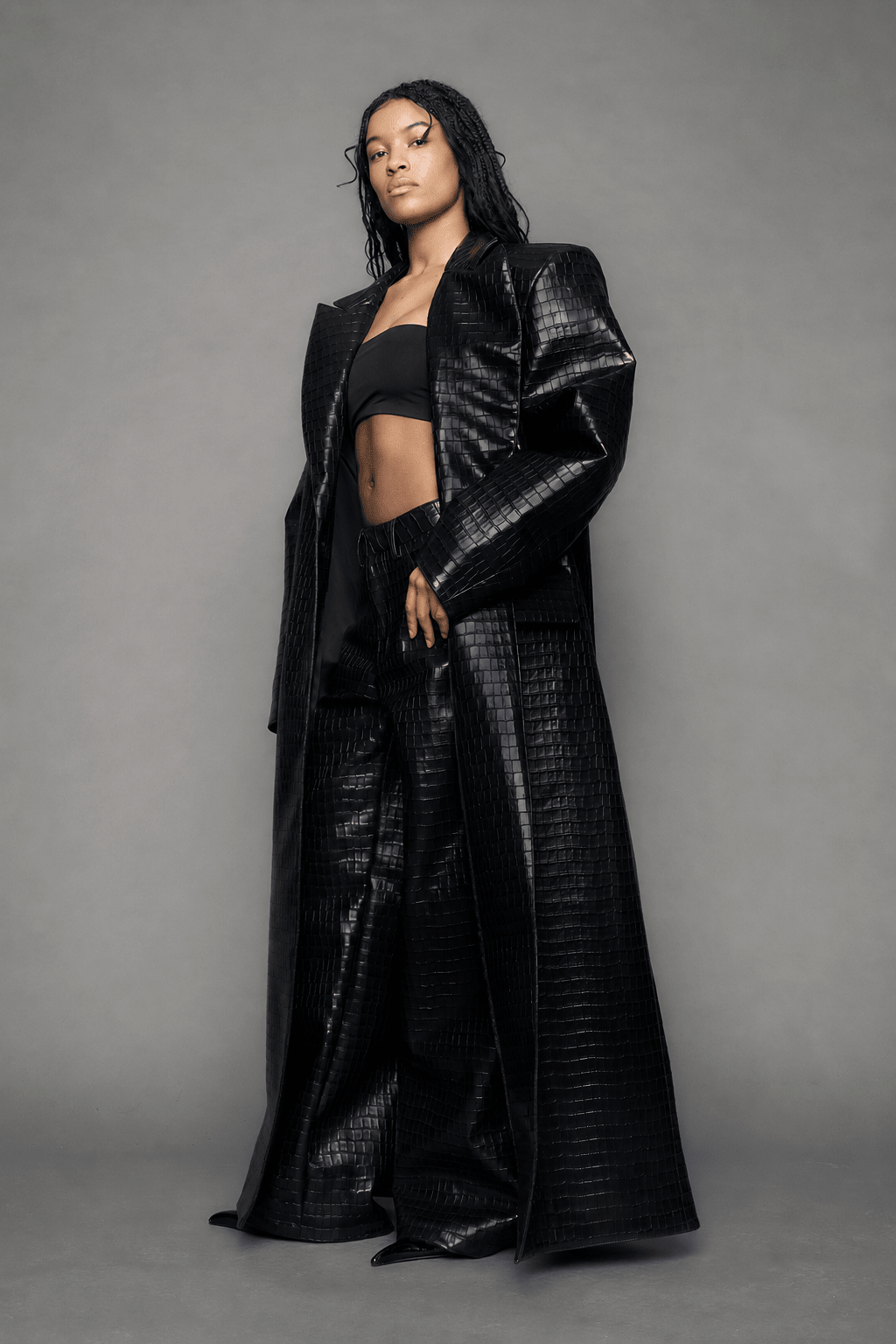 NAMILIA Leather Elongated Croc Blazer Coat - BLACK, xs