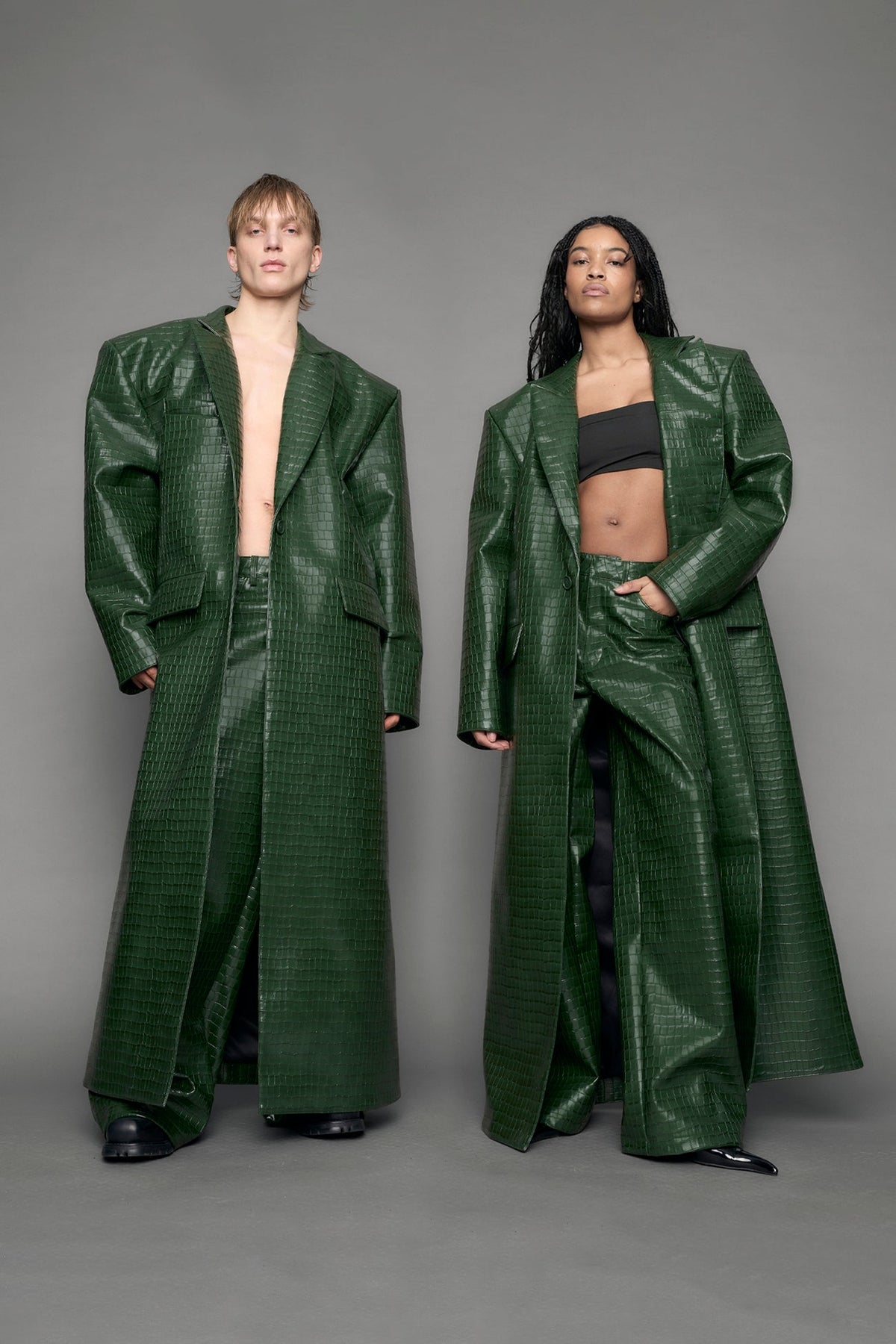 NAMILIA Leather Elongated Croc Blazer Coat - GREEN, s