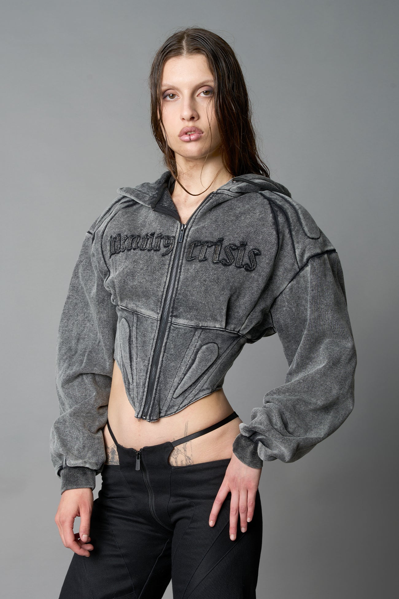 NAMILIA Sweat Corset Zip Hoodie - BLACK WASHED, xs