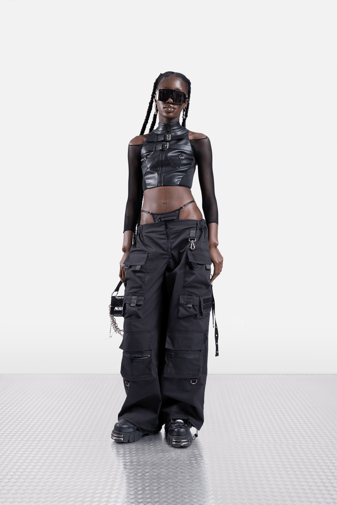 NAMILIA techno baggy pants with tactical string panty - XS, black