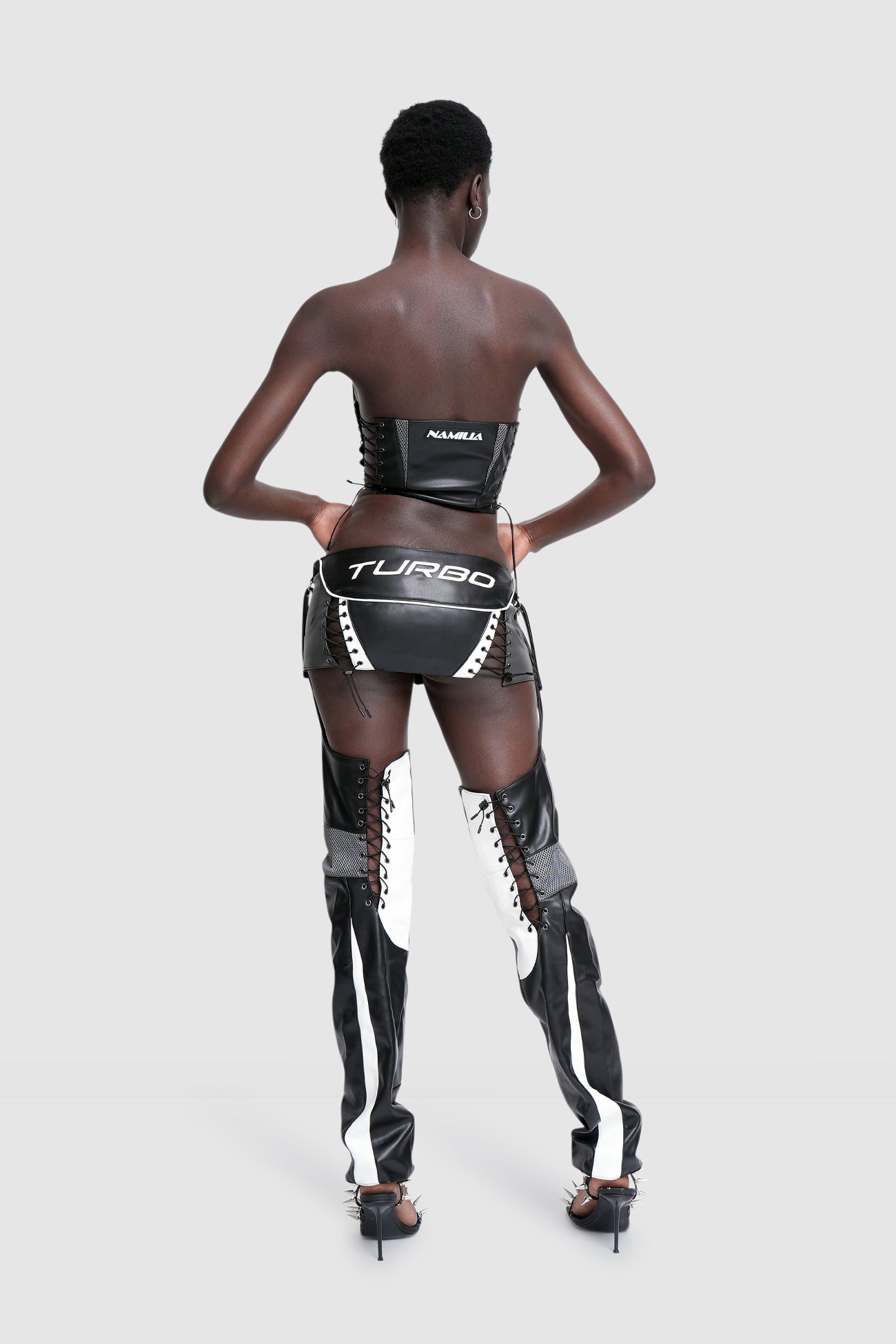 NAMILIA TURBO MOTO SKIRT WITH CHAPS - BLACK/WHITE, XS