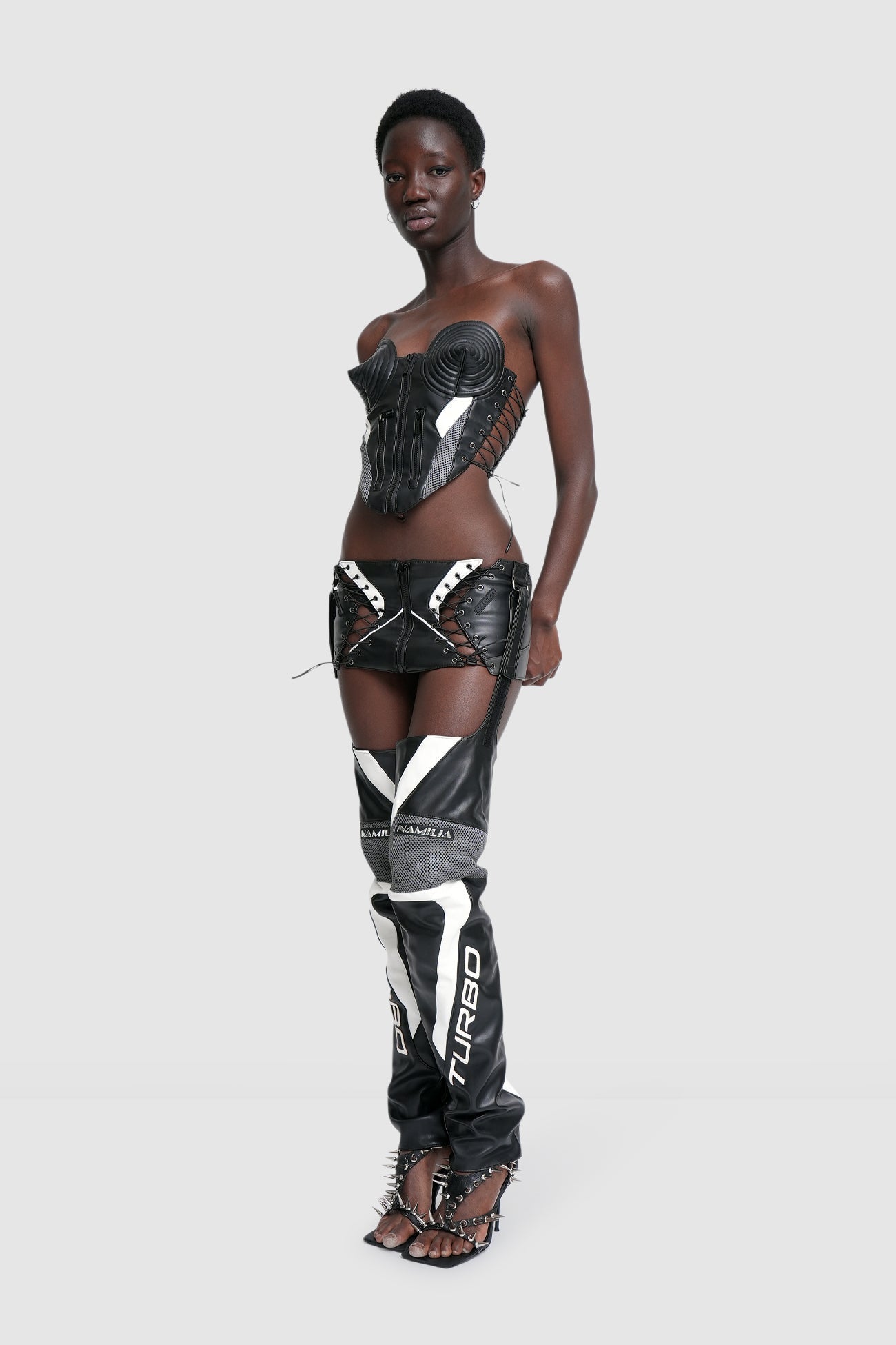 NAMILIA TURBO MOTO SKIRT WITH CHAPS - BLACK/WHITE, XS