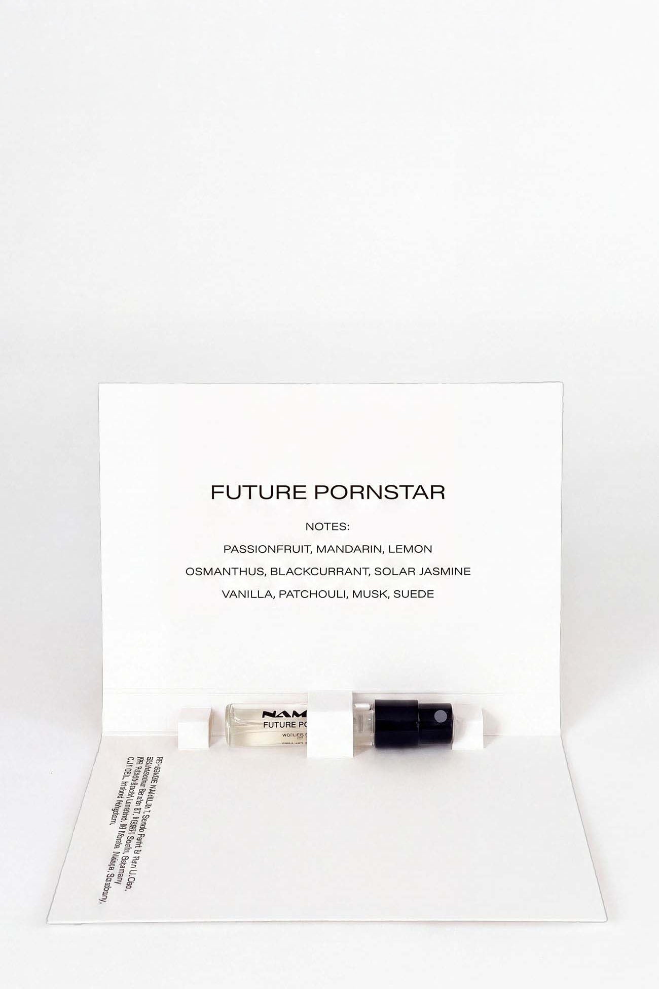 one small parfum testers. the vial is labeled 'NAMILIA FUTURE PORNSTAR'.