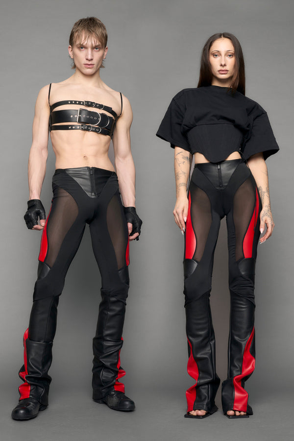 model wearing black red moto mesh pants - black red