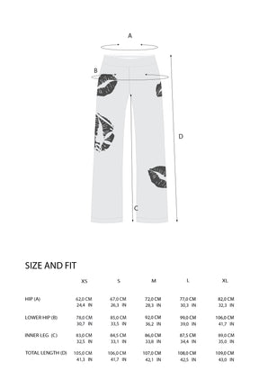 A size and fit chart showing a pair of light gray leggings with black leaf prints, with measurement lines labeled A, B, C, and D on a top view diagram, plus a size table from XS to XL with measurements in centimeters and inches.