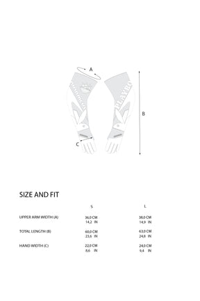 Size and fit chart for PLAYBOY arm warmers, showing a line drawing of the arm warmers with labeled dimensions A, B, and C, plus a size table with S and L measurements.