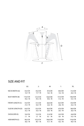 A size guide diagram for a short-sleeve athletic top, showing labeled front measurements (A through F) with a simple line drawing, plus a size and fit table listing measurements forXS, S, M, L, and XL.
