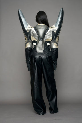 NAMILIA Atelier line - Thorn shoulder genuine leather motocross jacket silver - Black Silver, M