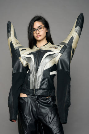 NAMILIA Atelier line - Thorn shoulder genuine leather motocross jacket silver - Black Silver, M