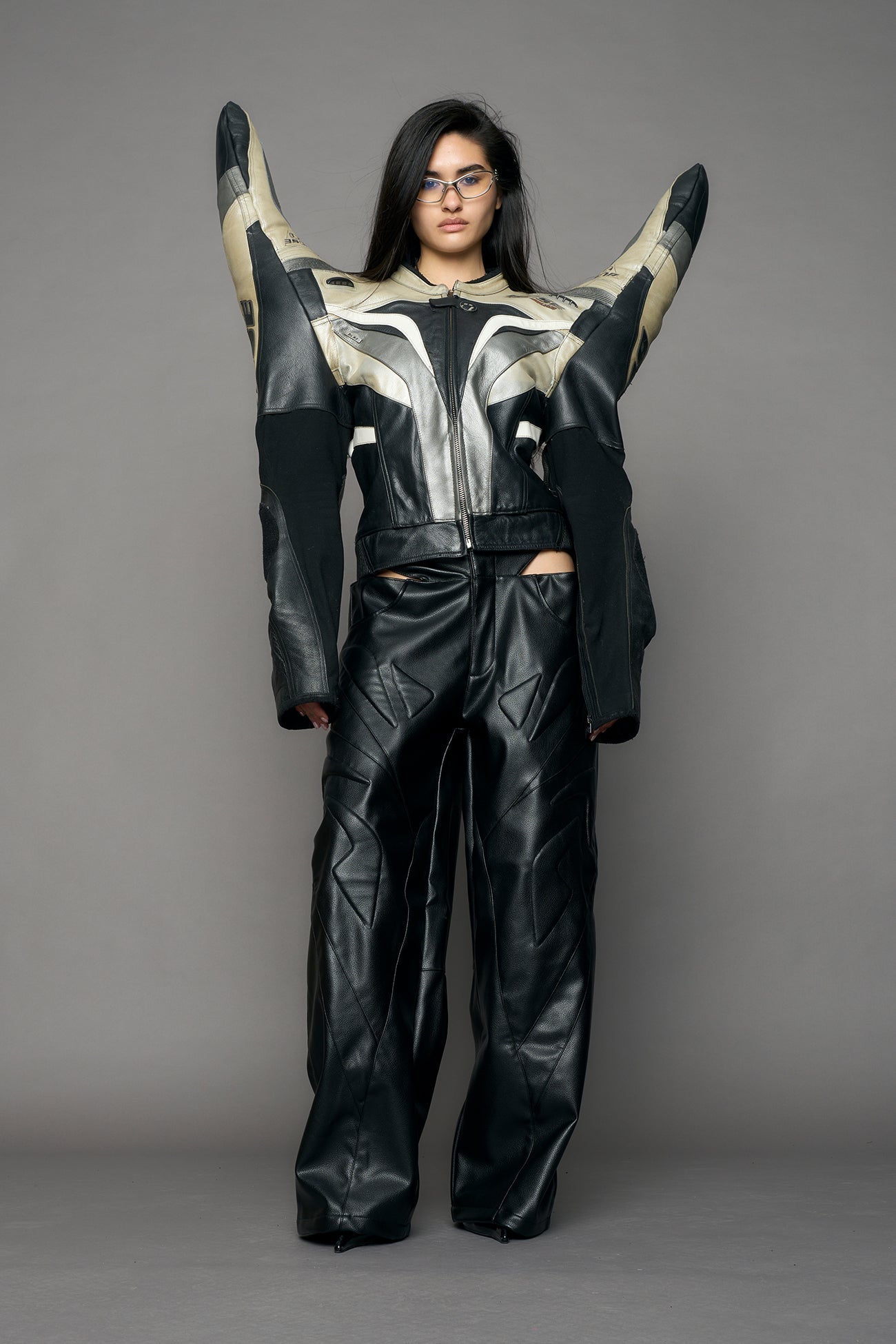 NAMILIA Atelier line - Thorn shoulder genuine leather motocross jacket silver - Black Silver, M
