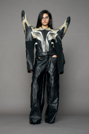NAMILIA Atelier line - Thorn shoulder genuine leather motocross jacket silver - Black Silver, M