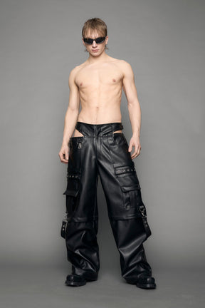 model wearing black vegan leather cargo panty pants