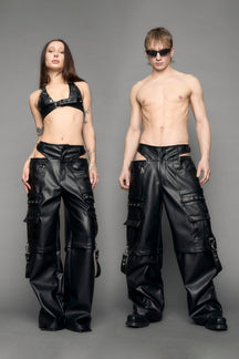 model wearing black vegan leather cargo panty pants