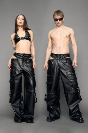 model wearing black vegan leather cargo panty pants