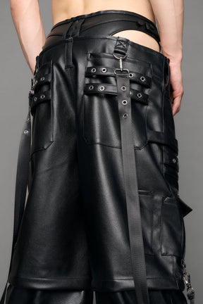 model wearing black vegan leather cargo panty pants