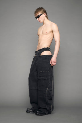 model wearing black denim cargo panty trousers