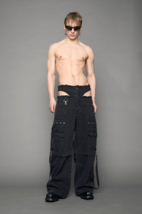 model wearing black denim cargo panty trousers
