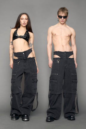 model wearing black denim cargo panty trousers