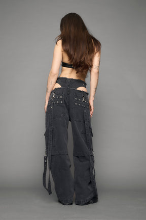 model wearing black denim cargo panty trousers