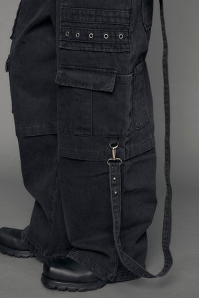 model wearing black denim cargo panty trousers