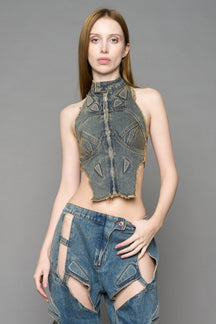 NAMILIA Denim Biker Top - BLUE / MUD, xs