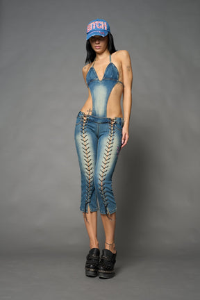 NAMILIA Denim Detachable Capri Jumpsuit - BLUE, xs