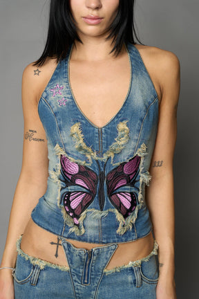 NAMILIA Denim Neckholder Top - BLUE, xs