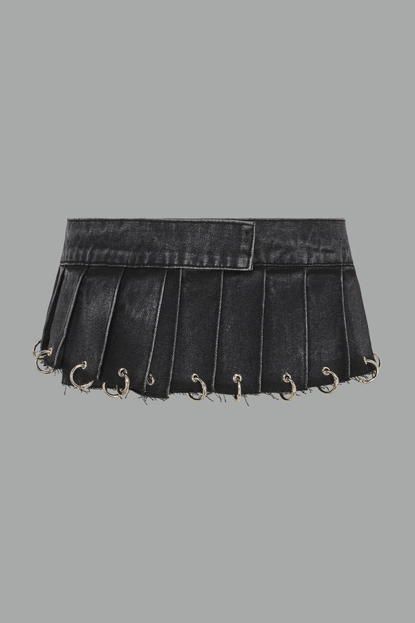 NAMILIA Denim Pleated Mini Skirt With Rings - BLACK WASHED, xs - BLACK WASHED