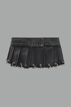 NAMILIA Denim Pleated Mini Skirt With Rings - BLACK WASHED, xs