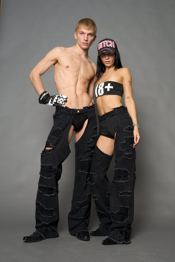 NAMILIA Denim Shredded Chaps - BLACK, xs