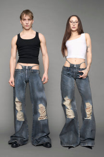 model wearing blue denim thong pants used look