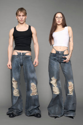 model wearing blue denim thong pants used look