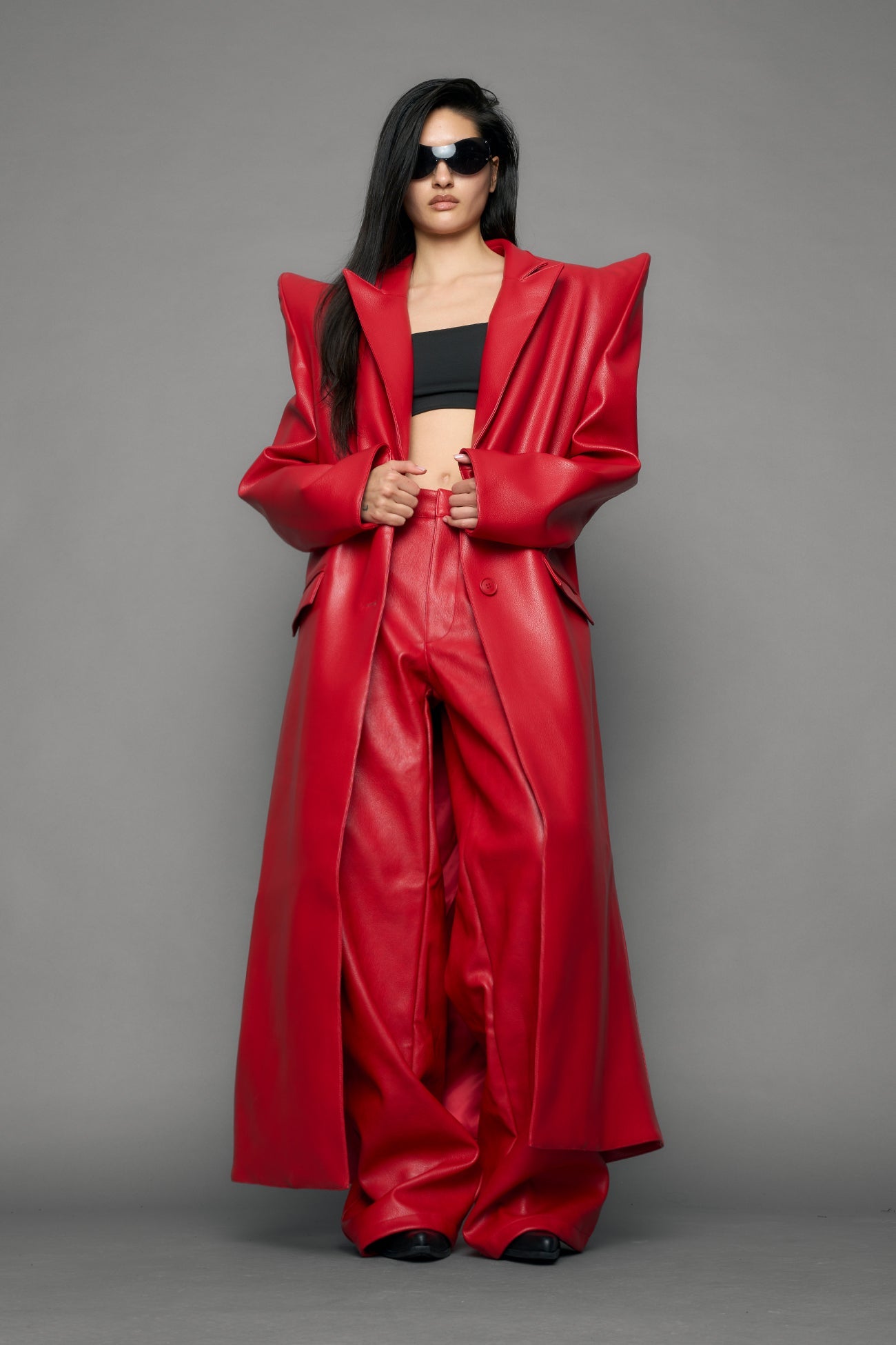 NAMILIA Doomsday Elongated Leather Coat - red, s