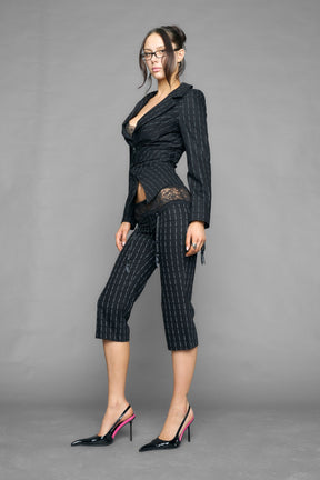 NAMILIA draped blazer pinstripe - BLACK PRINT, xs