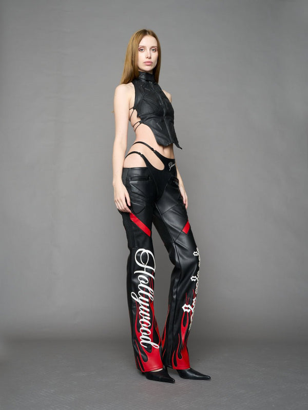 NAMILIA Hollywood Asymmetric Moto Trousers - BLACK / RED, xs - BLACK / RED