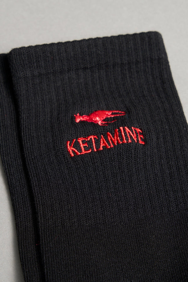Black ribbed sport socks with red embroidered horse slogan by Namilia, unisex mid-calf fit.