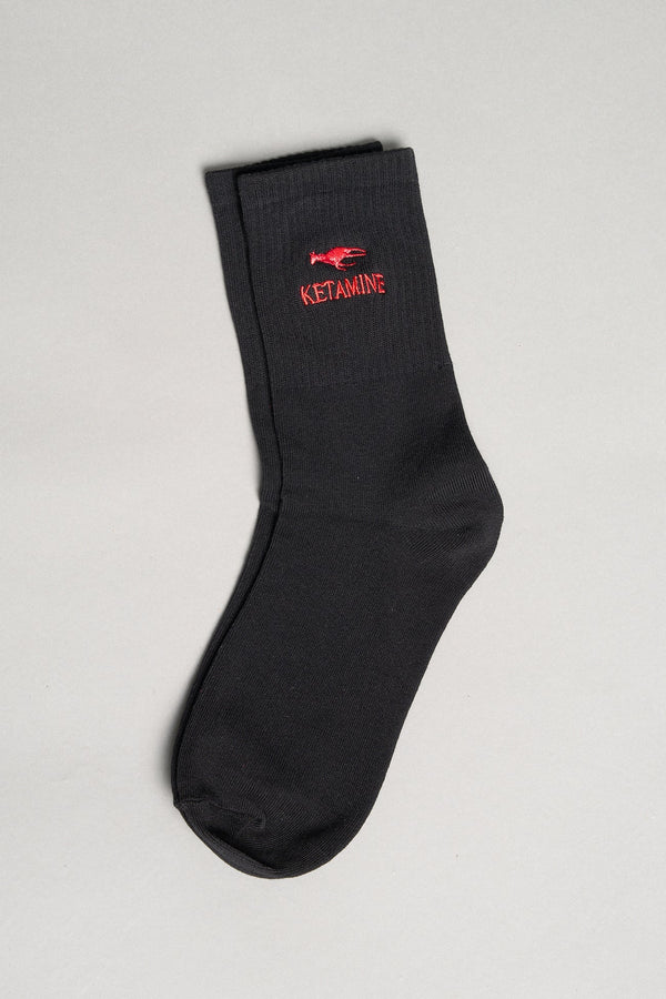 Black ribbed sport socks with red embroidered horse slogan by Namilia, unisex mid-calf fit. - BLACK