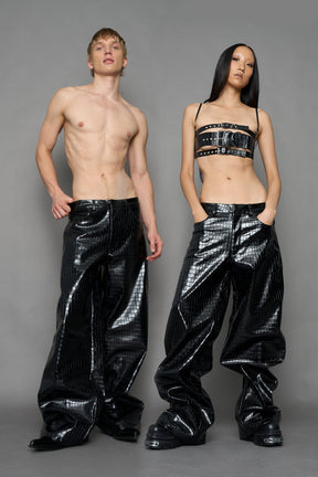 NAMILIA Leather Baggy Croc Suit Trousers - BLACK, xs