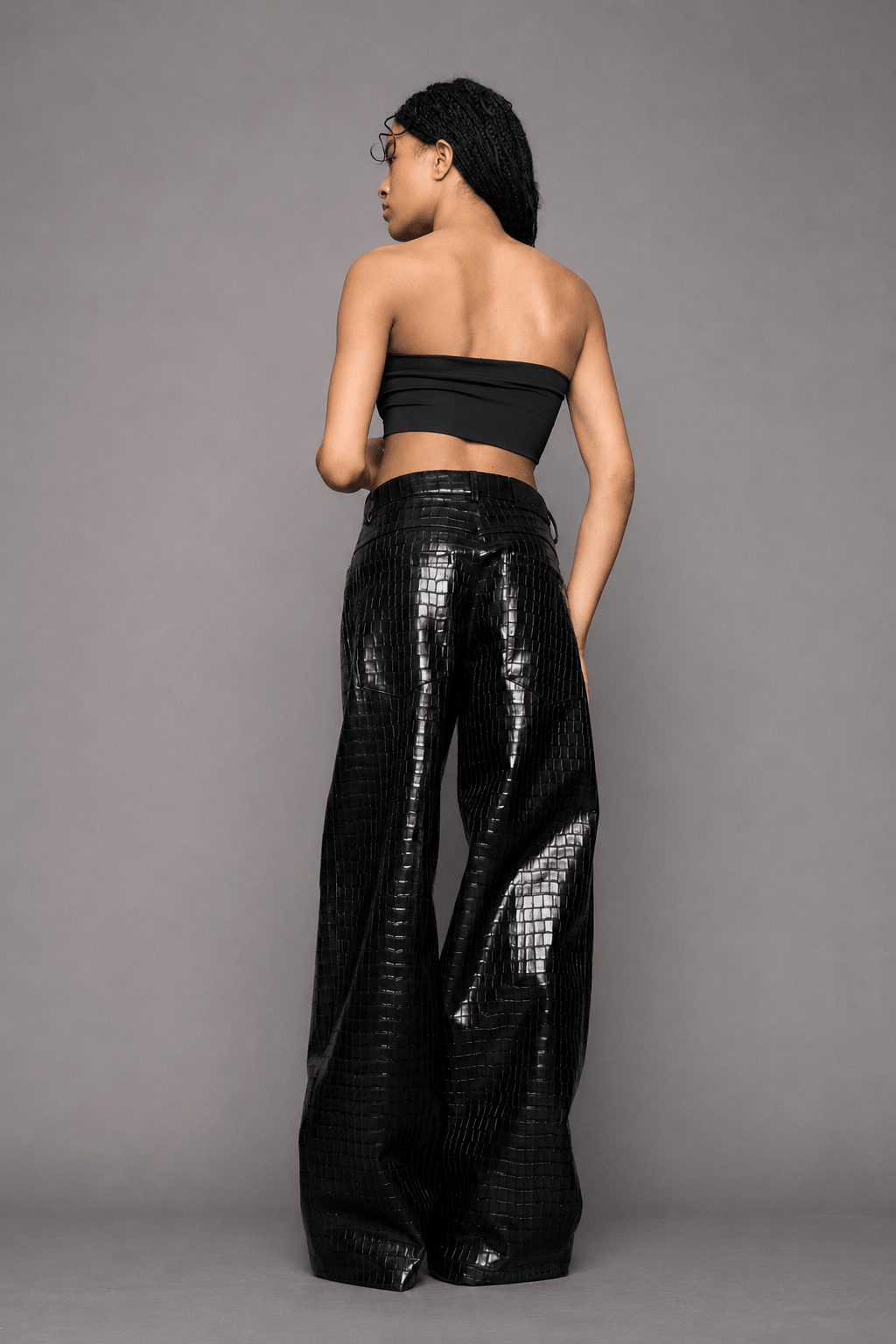 NAMILIA Leather Baggy Croc Suit Trousers - BLACK, xs