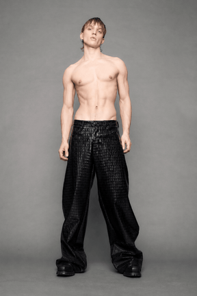 NAMILIA Leather Baggy Croc Suit Trousers - BLACK, xs