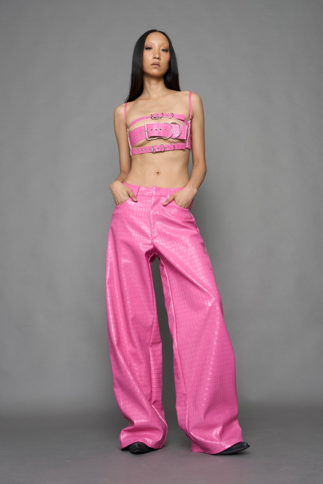 NAMILIA Leather Baggy Croc Suit Trousers - PINK, xs