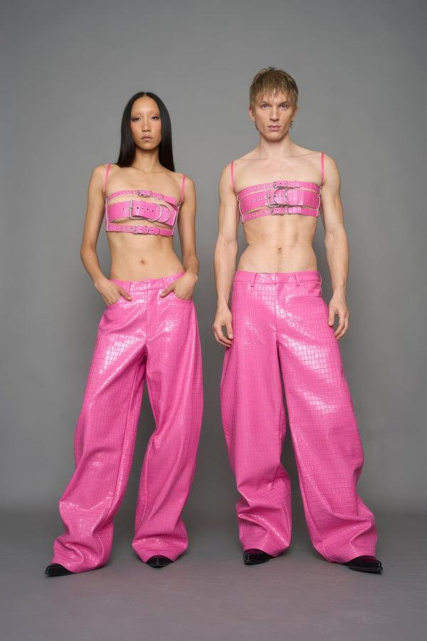NAMILIA Leather Baggy Croc Suit Trousers - PINK, xs