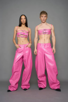 NAMILIA Leather Baggy Croc Suit Trousers - PINK, xs